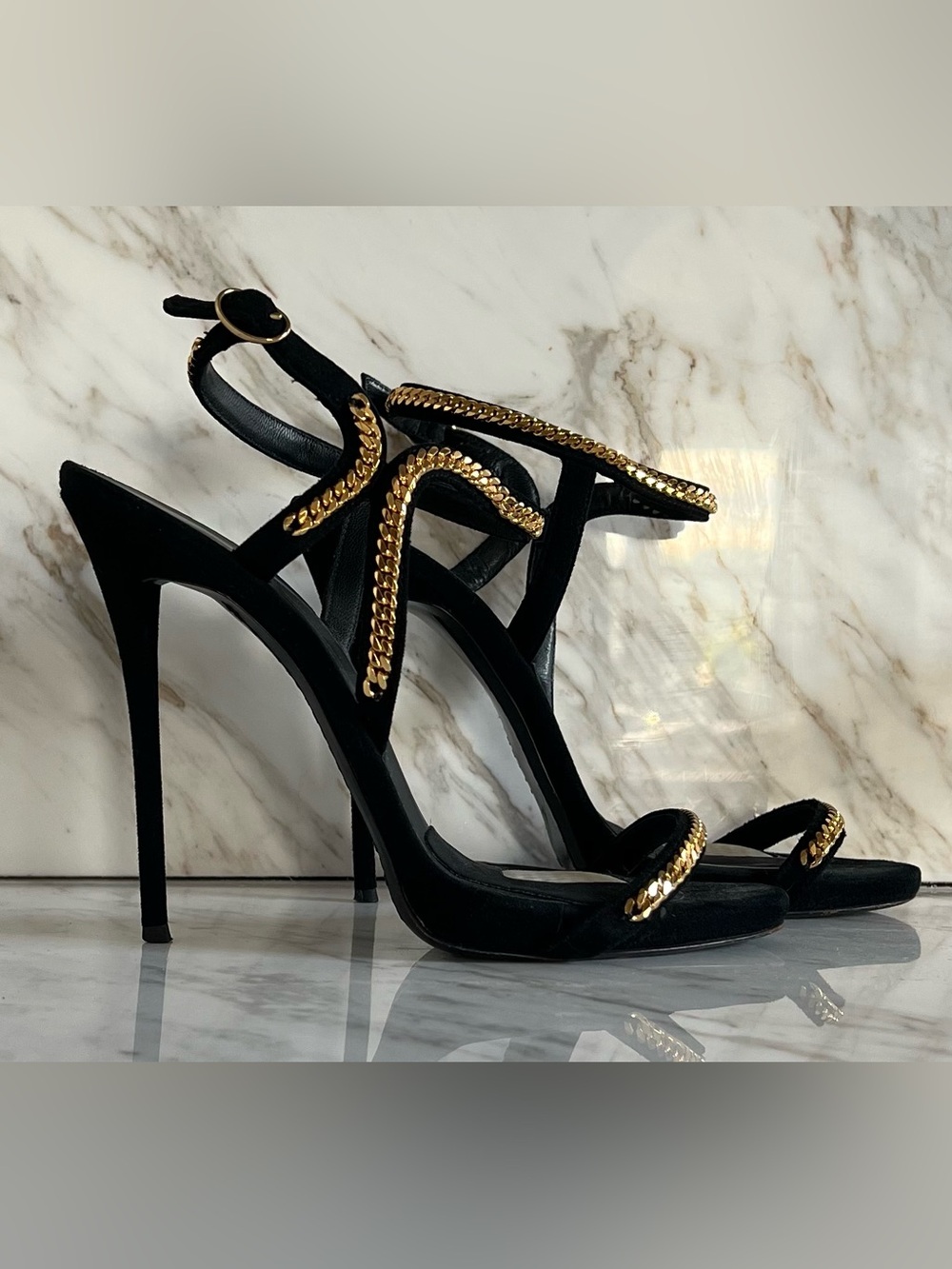 Giuseppe Zanotti Heels Black Suede Gold Chain Ankle Stiletto EU38.5